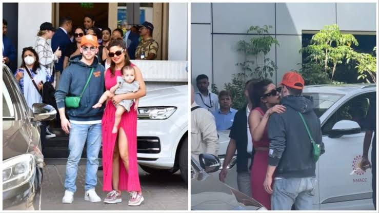 Priyanka Chopra holds Malti Marie close while Nick Jonas asks paparazzi to be quiet as they leave Mumbai