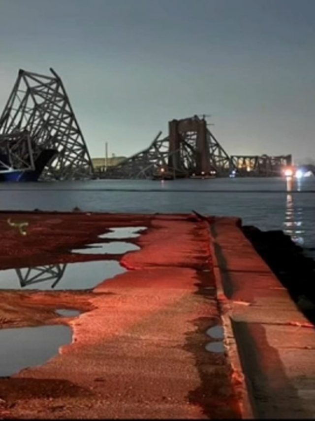 Francis Scott Key Bridge in Baltimore collapses after column hit by large ship vehicles, people in water